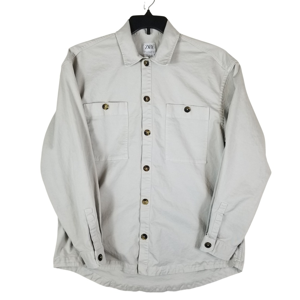 Zara Overshirt‎ Mens Size M Light Gray Relaxed Fit Cotton Stretch Button Up